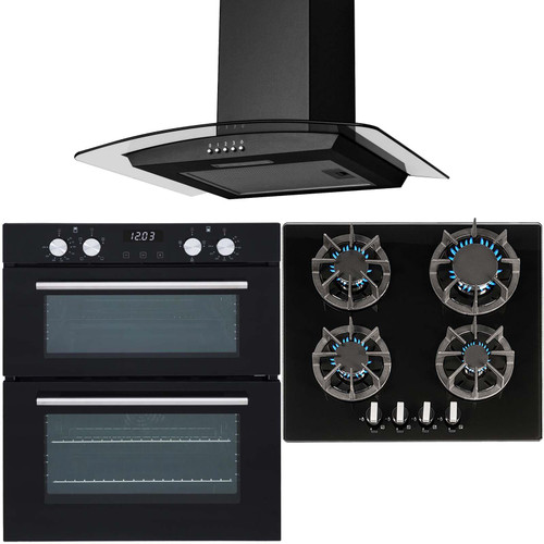 SIA 60cm Double Electric True Fan Oven, 4 burner Glass Gas Hob & Curved Hood Fan