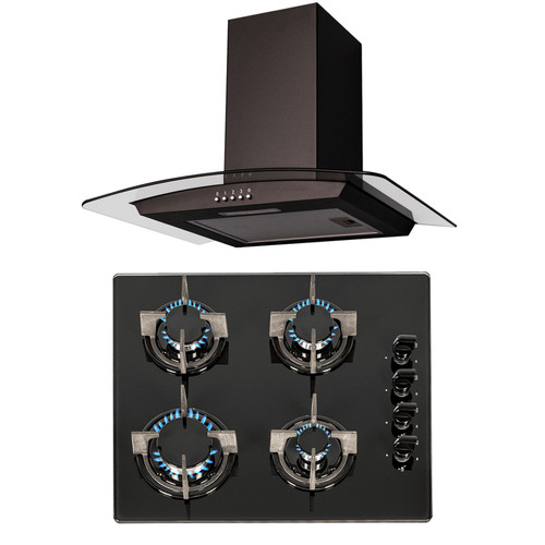 SIA 60cm Black 4 Burner Gas On Glass Hob And Curved Glass Cooker Hood Extractor