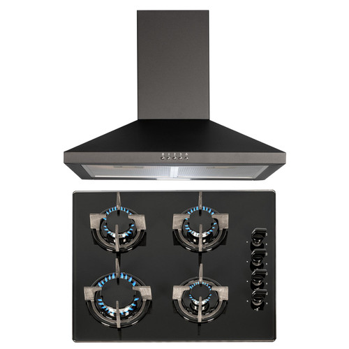 SIA 60cm Black 4 Burner Gas On Glass Hob &Chimney Cooker Hood Extractor Fan