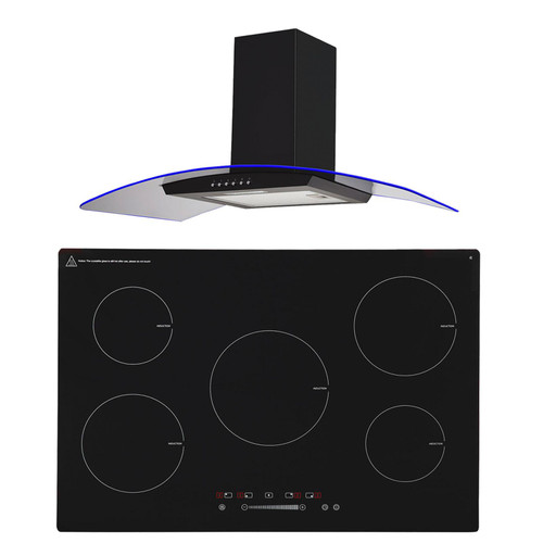 SIA 90cm Black 5 Zone Touch Control Induction Hob & Curved Glass Cooker Hood Fan
