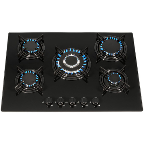SIA GHG713BL 70cm Black 5 Burner Gas On Glass Hob With Enamel Pan Stands &FFD