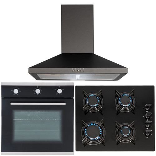 SIA 60cm Black Built In Electric Single Fan Oven, 4 Burner Gas Hob &Cooker Hood