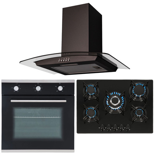 SIA Black True Fan Single Oven, 5 Burner Glass Gas Hob & 70cm Curved Cooker Hood