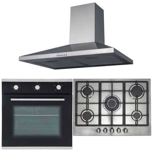 SIA 60cm Black Single Oven, 70cm Stainless Steel 5 Burner Gas Hob & Chimney Hood