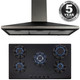 SIA 90cm Black 5 Burner Gas On Glass Hob And Chimney Cooker Hood Extractor Fan