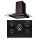 SIA 70cm Black 5 Burner Gas On Glass Hob &Curved Glass Chimney Cooker Hood Fan