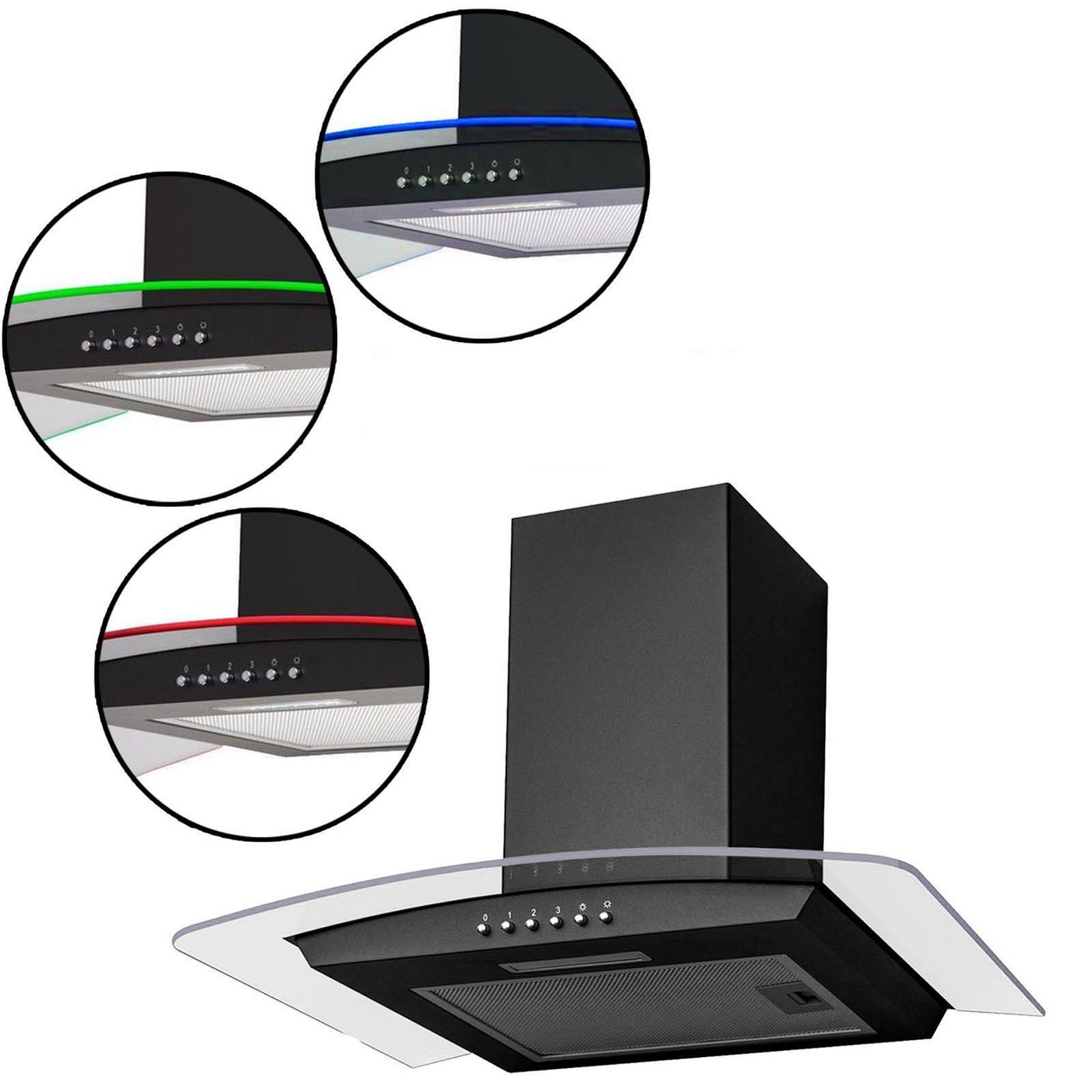 Image of SIA CPLE60BL 60cm Black 3 Colour Edge Lit Curved Glass Cooker Hood Extractor Fan