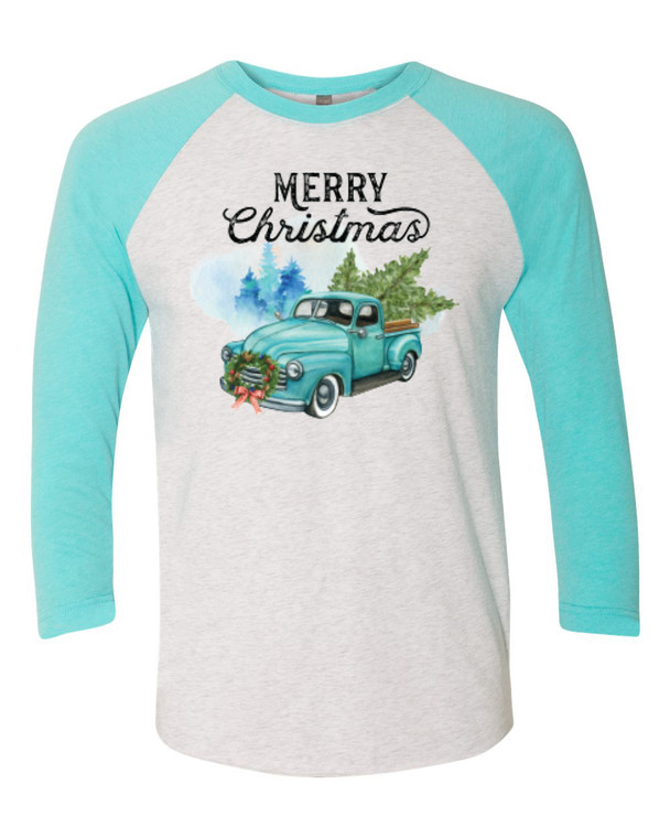 Merry Christmas Vintage Truck - Three-Quarter Sleeve Raglan