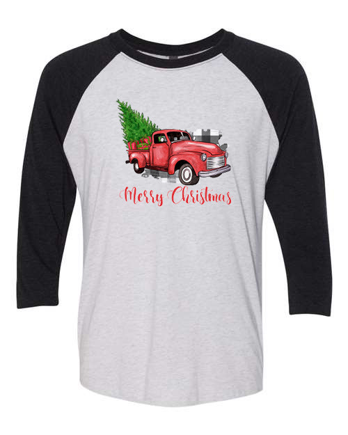 Merry Christmas Red Truck - Three-Quarter Sleeve Raglan