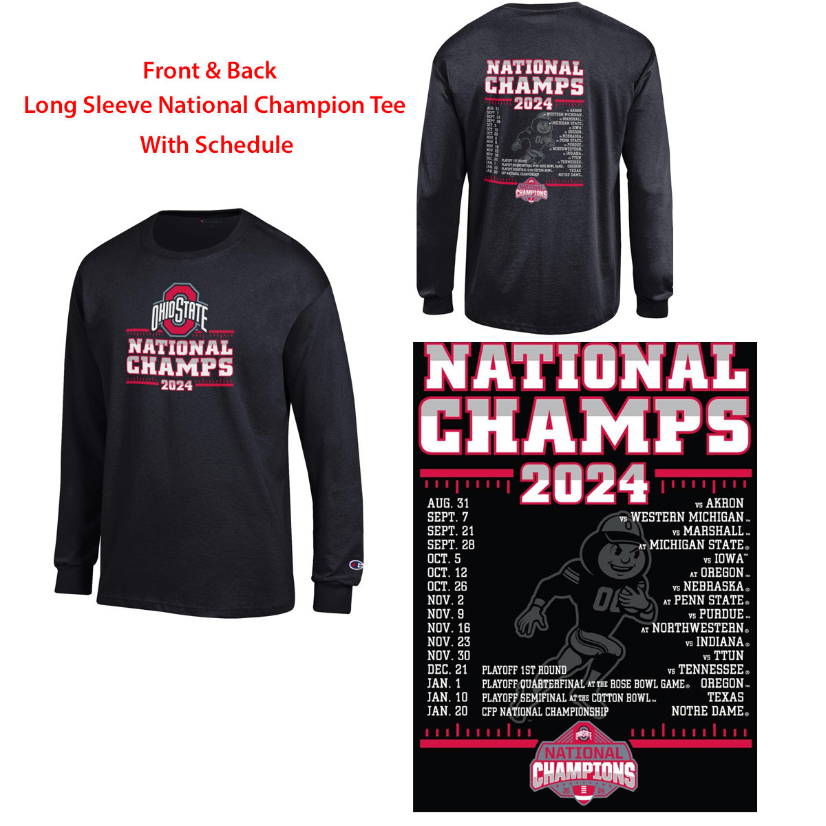 Ohio State Black Long Sleeve National Champion Shirt With Schedule