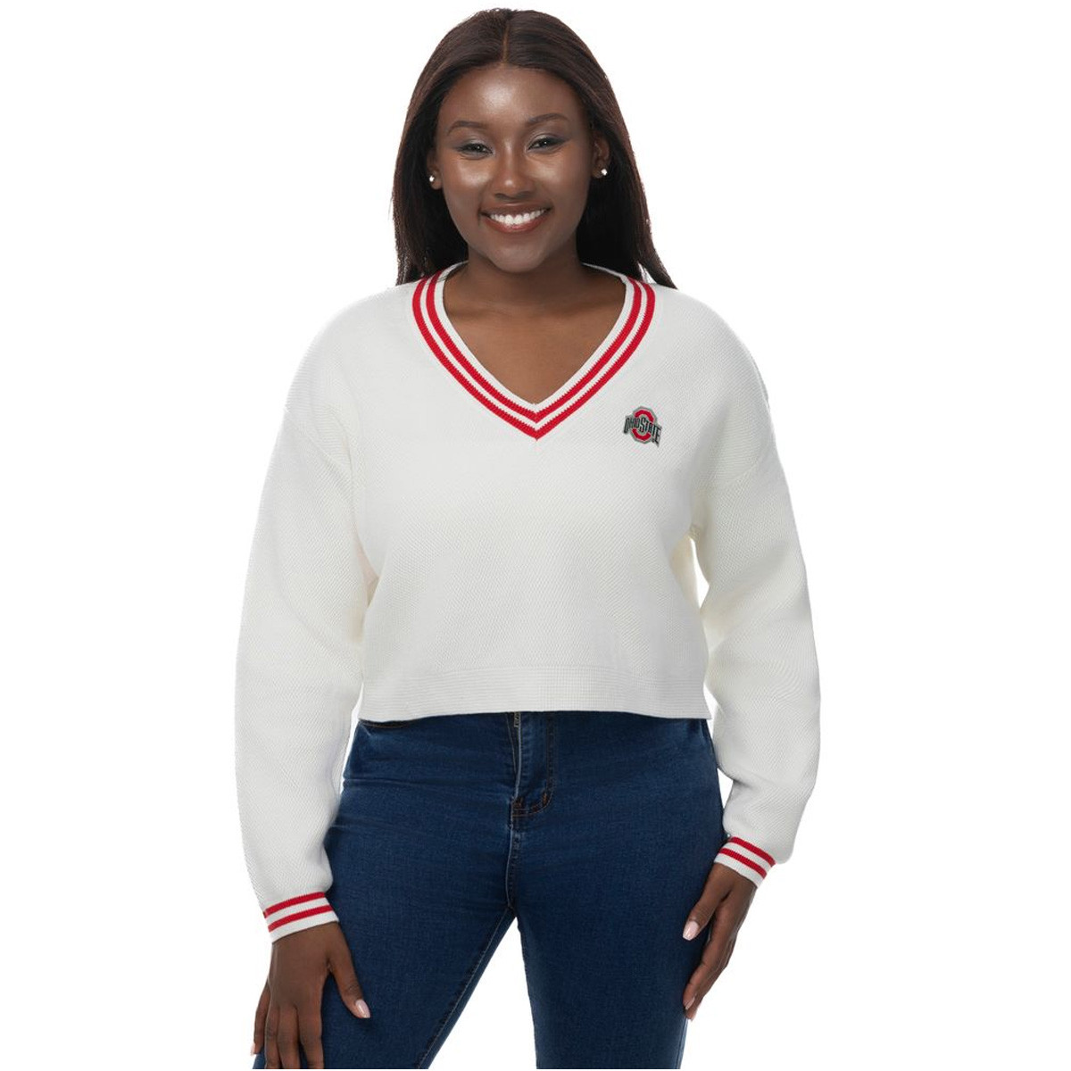 Ohio State Women's White V-Neck Crop Varsity Sweater. - College