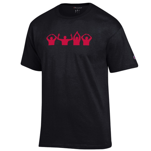 Ohio State OHIO Silhouette Black T-Shirt showing Buckeye fans spelling O-H-I-O with their arms, officially licensed Champion cotton tee, front view
