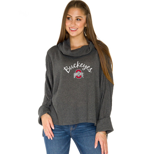 Womens Grey Long Sleeve Cowlneck Thermal Shirt with Ohio State Logo