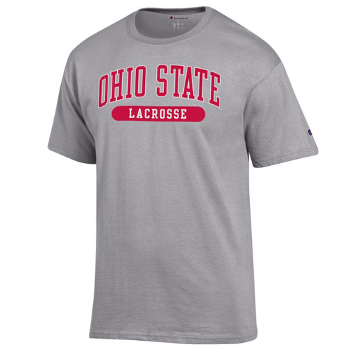 Grey Ohio State Buckeyes lacrosse T-shirt with white lettering, front view