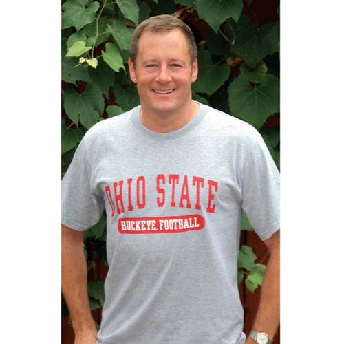 Ohio State Football Buckeye T-Shirt in gray with white Ohio State football lettering, officially licensed, front view