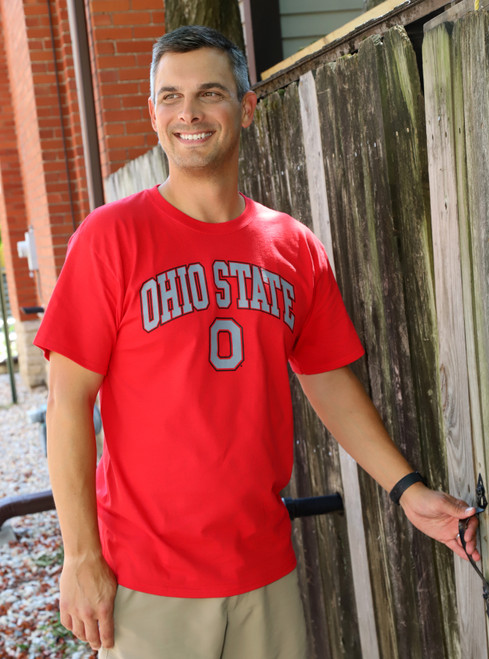 Champion® Red Tee with Ohio State over Block O. 100% Cotton