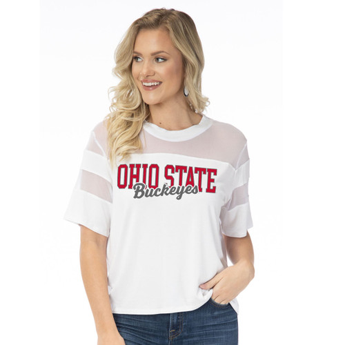Womens White Short Mesh Sleeve T-Shirt with Ohio State Logo