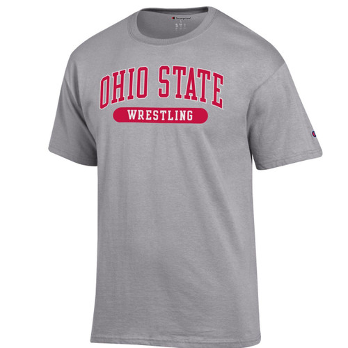 Ohio State Wrestling Buckeye T-Shirt, gray with white OSU wrestling lettering, officially licensed wrestling apparel, front view