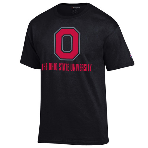 Champion® Red Tee with Ohio State over Block O. 100% Cotton