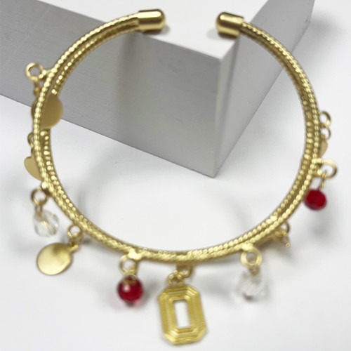 Gold Cuff Bracelet With Block O, Red and Crystal Charms