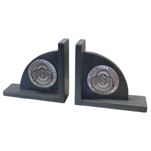 Set of Stone Bookends with Pewter Emblems