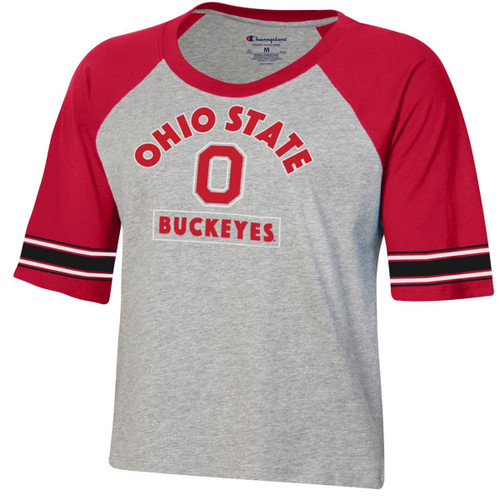 Ohio State Women's Red/Gray Crop Ragland Tee.