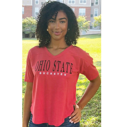 Ohio State Buckeyes women's red v-neck t-shirt, front view, officially licensed
