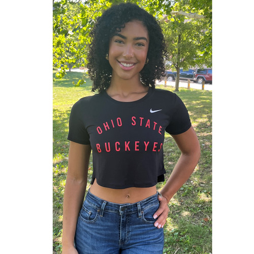 Ohio State Nike Women's Black DriFit Crop Buckeyes Tee.