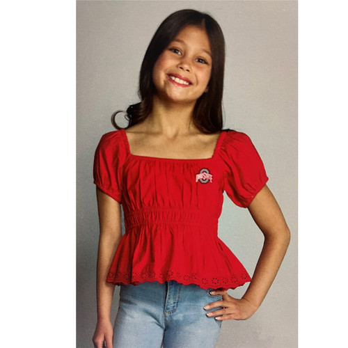 Ohio State Garb Girls Red Puff Sleeve Peplum Top.