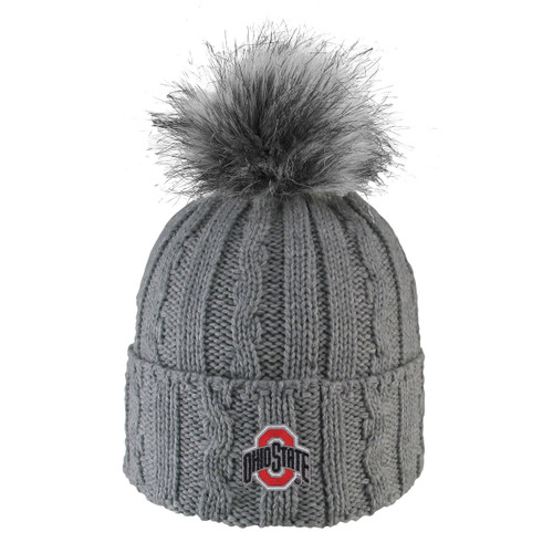 Ohio State Women's Lite Gray Cable Knit Alps Hat w/Pom.