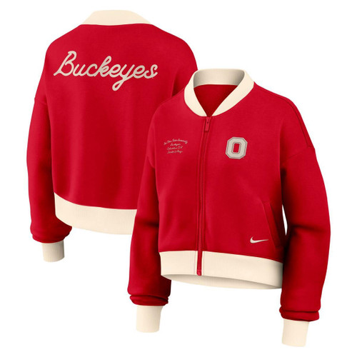 Ohio State Nike Women's Red/Natural Crop Bomber Style Jacket.