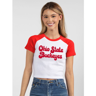 Womens Short Sleeve Cropped Raglan Red & White Ohio State T-Shirt