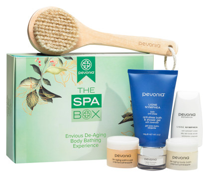 Pevonia Spa Box with Anti-Stress Bath & Shower Gel plus Deluxe Trial Size body products and body brush