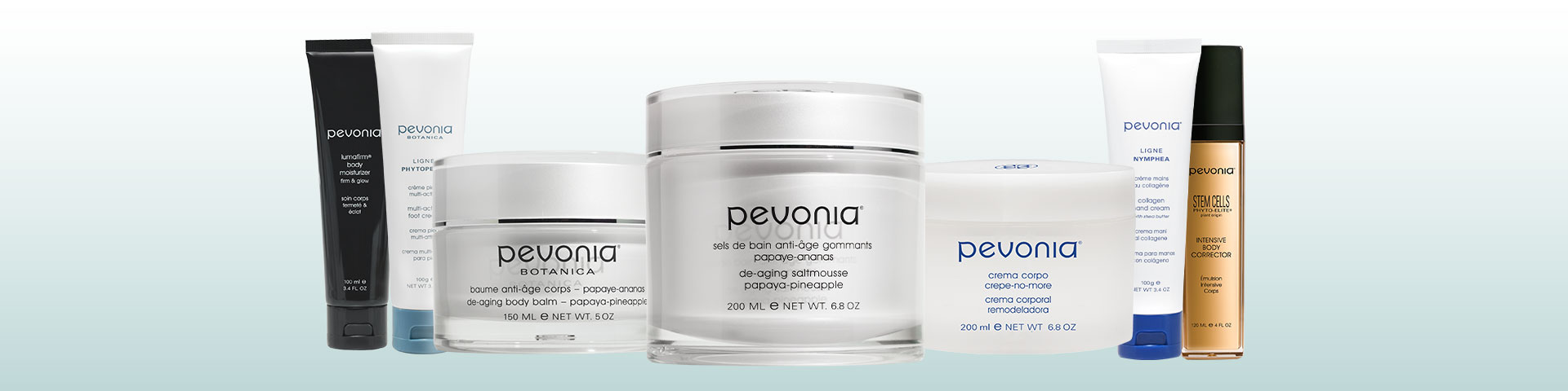 An image of Pevonia natural ingredient body care products sitting side by side.