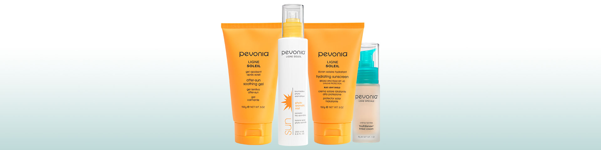 An image of Pevonia natural ingredient sun care products sitting side by side.