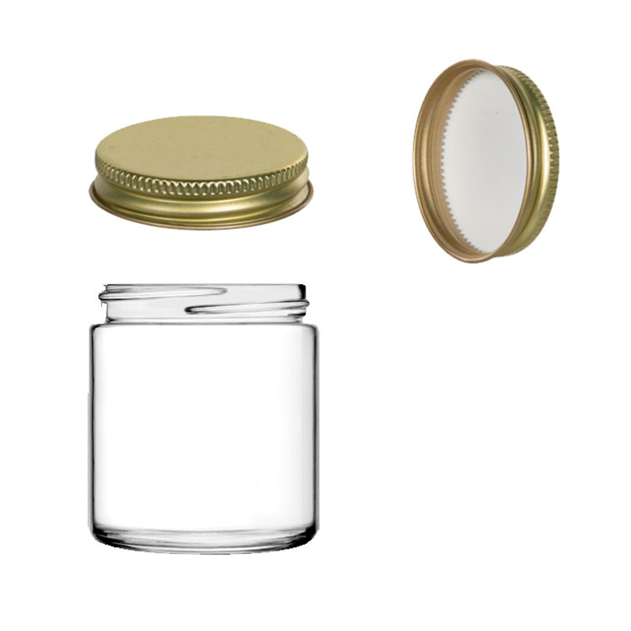 Clear Straight-Sided Glass Jars - 6 oz, Gold Metal Cap S-15847M-GLD - Uline