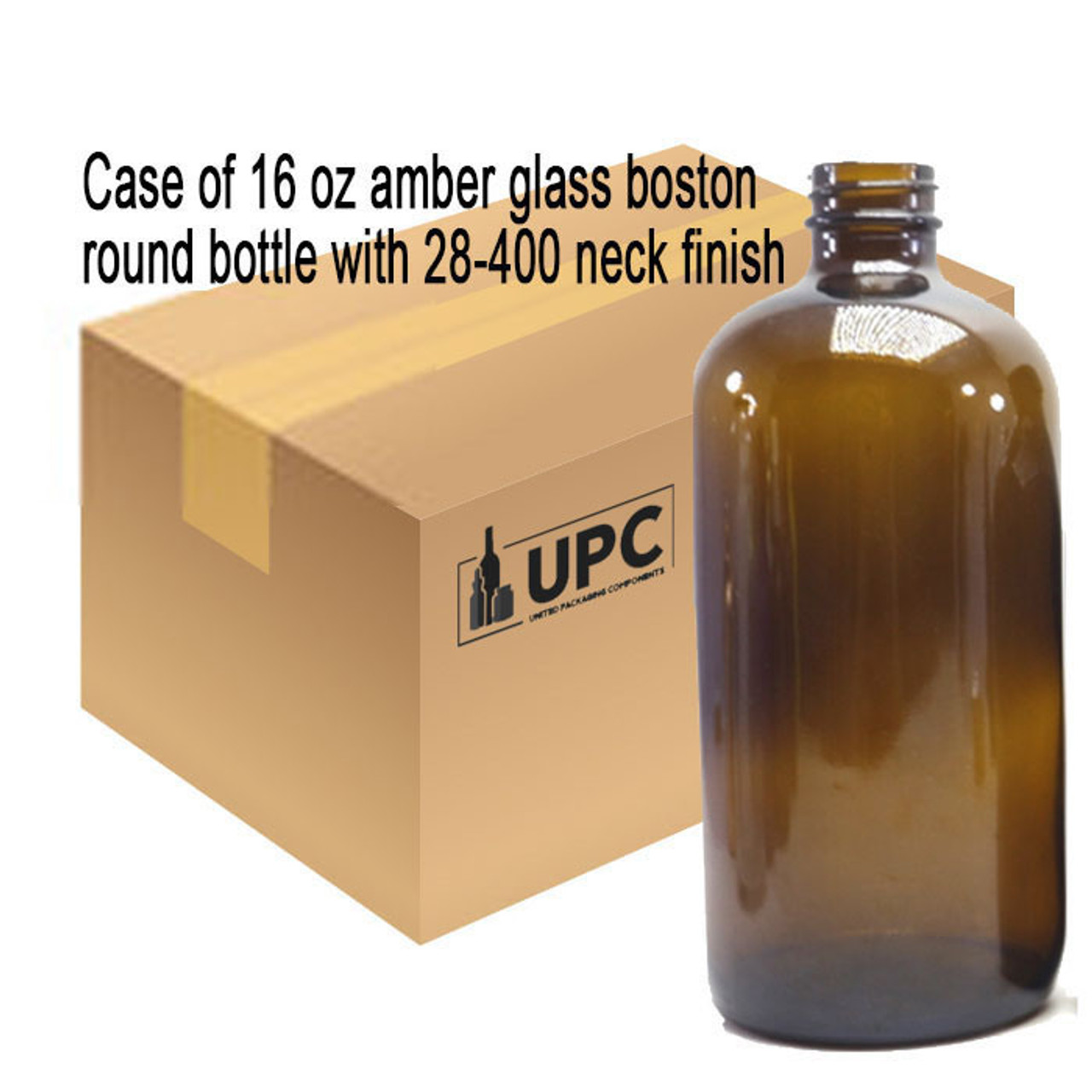 16 oz Amber Glass Boston Round Bottle 28-400 Neck Finish