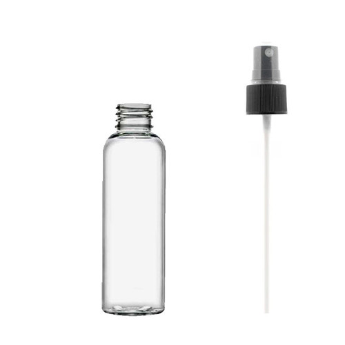 Case (100 ) X 60 ml (2oz ) clear PET Cosmo round bottle with 20-410 neck finish With black Sprayer