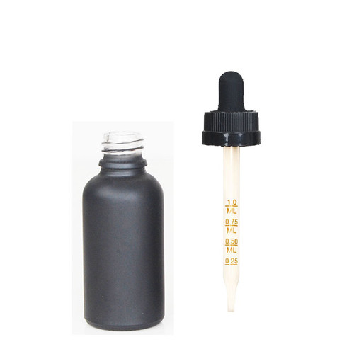 30 ML (1 oz) matte black Boston Round Bottle W/ Calibrated Child Resistant Dropper 