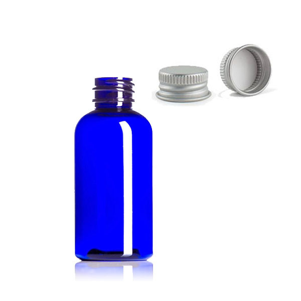 60ml (2oz.) Blue PET Plastic Boston Round Bottle w/ silver metal cap