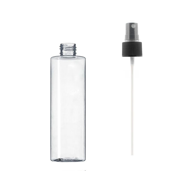 Case(100) X 8 oz 250 ml Clear PET Cylinder Round Plastic Bottle, with black sprayers, Neck Finish24-410