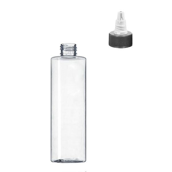 Case(100) X Case(100) X 8 oz 250 ml Clear PET Cylinder Round Plastic Bottle, with Black HDPE Cap with Natural Colored LDPE twist open dispensing Lid Lined, Neck Finish 24-410