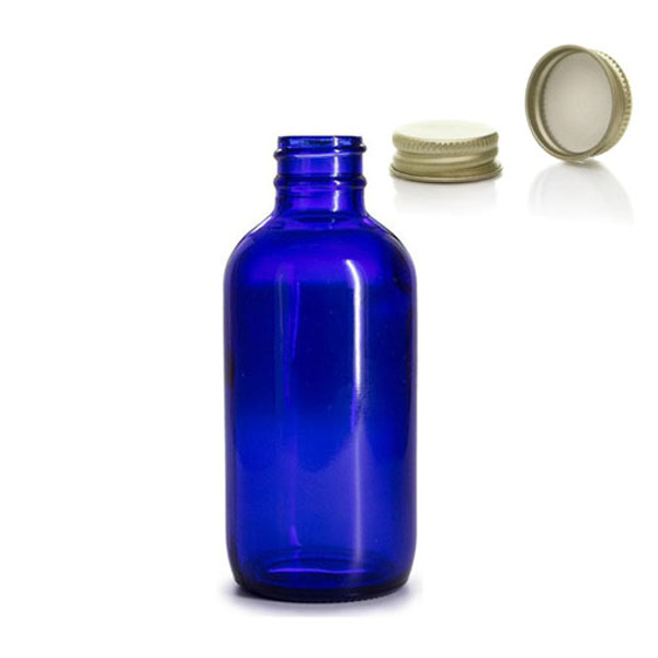 120 ML (4 oz) Blue Glass Boston Round 24-400 Neck with gold metal cap