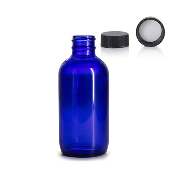 120 ML (4 oz) Blue Glass Boston Round 24-400 Neck with black plastic cap