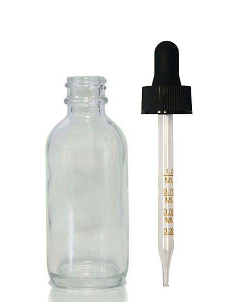 60ml (2oz) Clear boston round bottle with graduated dropper. Dropper features brown print in increments of .25ml