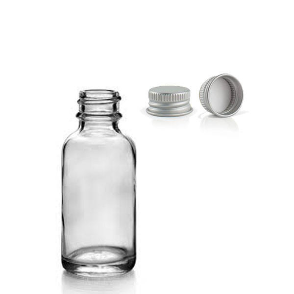 Case (120) X 30 ML (1 oz) Clear Boston Round Bottles With Silver Metal Plastisol Lined cap