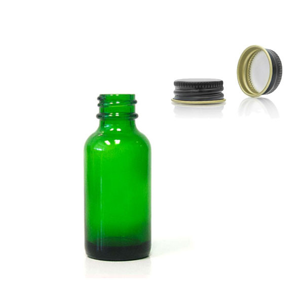 30 ML (1 oz) Green Boston Round Bottles with Black metal cap