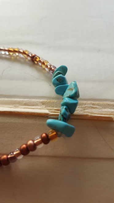 Turquoise Magnesite Chips and Copper Colored Czech Glass Beaded Bracelet