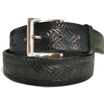 Handmade Cowhide Black Leather Belt: Embossed Men's Jeans Belt