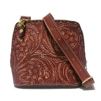 Small cowhide bag for women, shoulder strap, hand tooled leather design